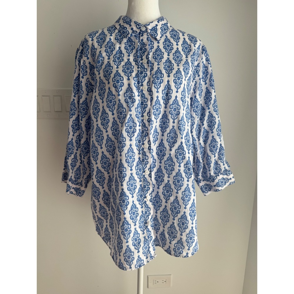 Chicos No-Iron Blue White Ikat Damask Button Down Tunic Top Size XL